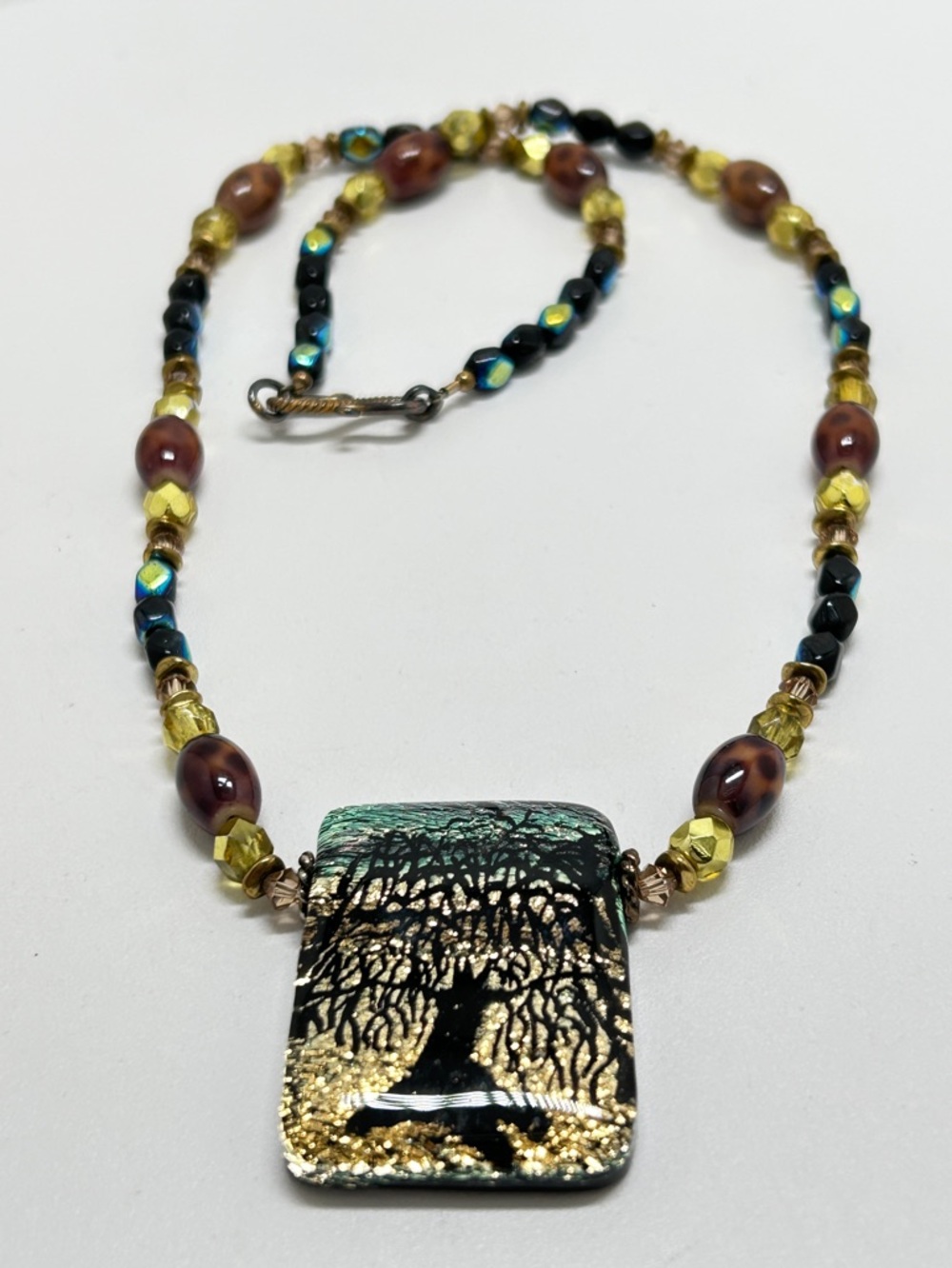 Artisan, Glass And Crystal Beaded Necklace, Dichroic Glass Willow Tree Pendant